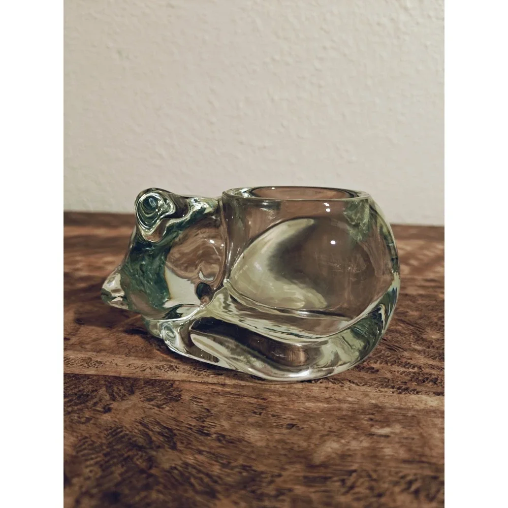 Vintage Indiana Glass Clear Sleeping Cat Votive Candle Holder Heavy Tealight